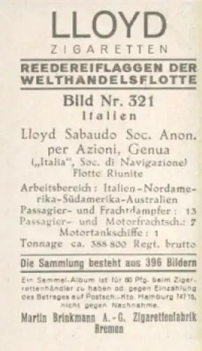 Sammelbild Reedereiflaggen der Welthandelsflotte Nr. 321, Lloyd Sabaudo, Genua