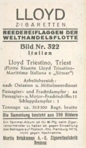 Sammelbild Reedereiflaggen der Welthandelsflotte Nr. 322, Lloyd Triestino, Triest