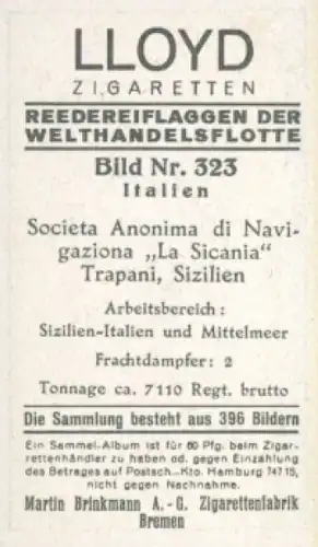 Sammelbild Reedereiflaggen der Welthandelsflotte Nr. 323, Societa Anonima di Navigaziona La Sicania