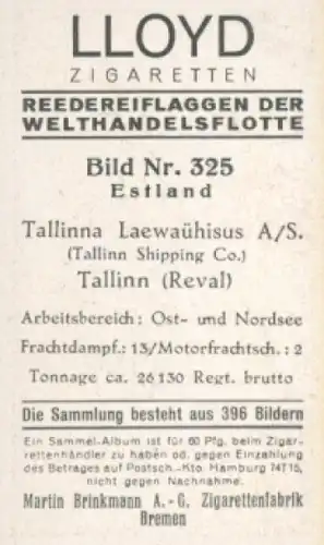 Sammelbild Reedereiflaggen der Welthandelsflotte Nr. 325, Tallinna Laewaühisus AS, Tallinn