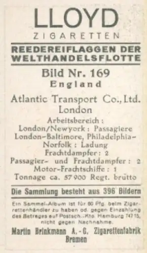 Sammelbild Reedereiflaggen der Welthandelsflotte Nr. 169, Atlantic Transport Company, London