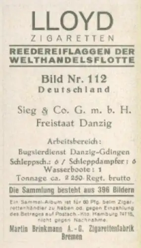 Sammelbild Reedereiflaggen der Welthandelsflotte Nr. 112, Sieg & Company GmbH, Danzig