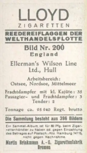 Sammelbild Reedereiflaggen der Welthandelsflotte Nr. 200, Ellerman's Wilson Line, Hull