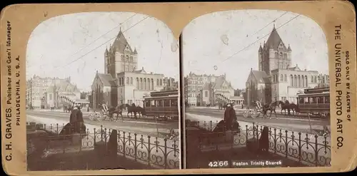 Stereo Foto Boston Massachusetts USA, Trinity Church, Pferdebahn