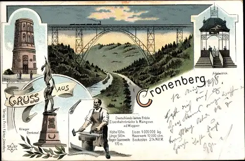 Litho Cronenberg Wuppertal, Kriegerdenkmal, Drei Kaiserturm, Adelenblick, Müngstener Brücke