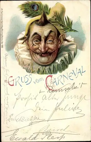 Litho Gruß vom Carneval, Mann im Kostüm