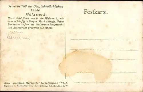 Ak Gewerbefleiß im Bergisch-Märkischen Lande, Walzwerk