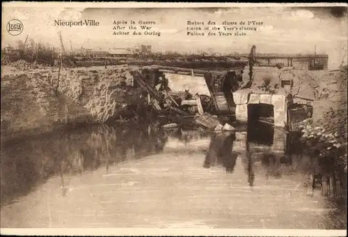 Ak Nieuport Nieuwpoort Westflandern, Nach dem Krieg, Ruinen der Yser-Schleusen