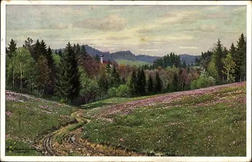 Künstler Ak Müller-Landeck, Landschaft, Wald, Kirchturm