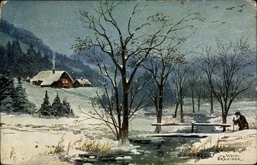 Künstler Ak Krahmer, Wold., Winterlandschaft, Schneefall