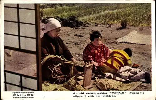 Ak Japan, An old woman making Waraji with her children, Farmer's slipper