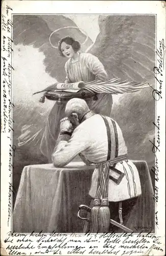 Künstler Ak Kaiser Franz Joseph I. betet für den Frieden, Engel