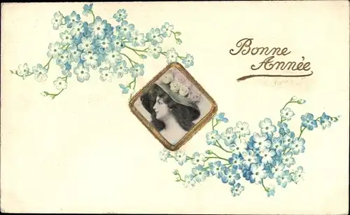 Präge Ak Glückwunsch Neujahr, Vergissmeinnicht, Frauenportrait