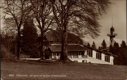 Ak Neuenburg Kanton Neuenburg, Hausberg Chaumont, Der Bahnhof, der Aussichtsturm