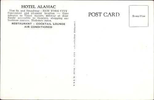 Ak New York City USA, Hotel Alamac, 71st Street, Broadway