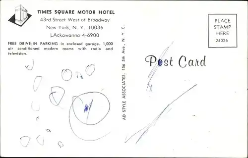 Ak New York City USA, Times Square Motor Hotel, 43rd Street, Broadway