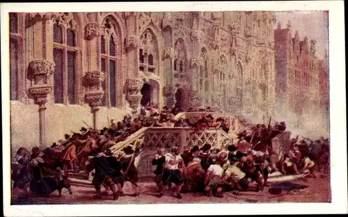 Künstler Ak L. Haghe, Louvain Flämisch Brabant, Hôtel de Ville, combat de rue