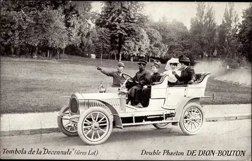 Ak Tombola de la Decennale, Double Phaeton von Dion Bouton, Automobil, Fahrer