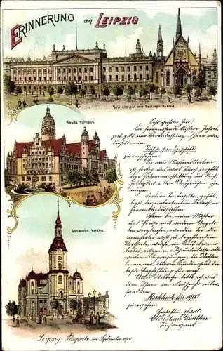 Litho Leipzig in Sachsen, Neues Rathaus, Johannis Kirche, Universität mit Pauliner Kirche