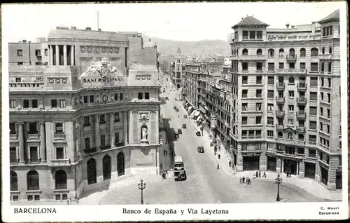 Ak Barcelona Katalonien Spanien, Bank von Spanien und Via Layetana, Bus, Autos