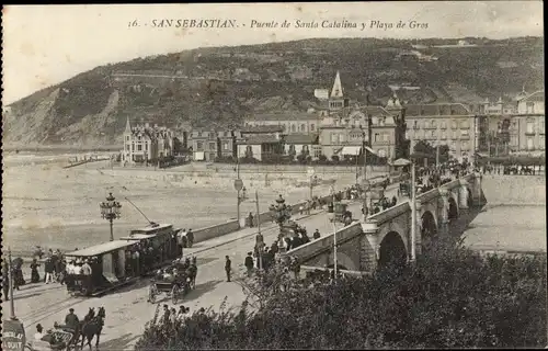 Ak Donostia San Sebastián Baskenland, Santa Catalina Brücke und Gros Beach