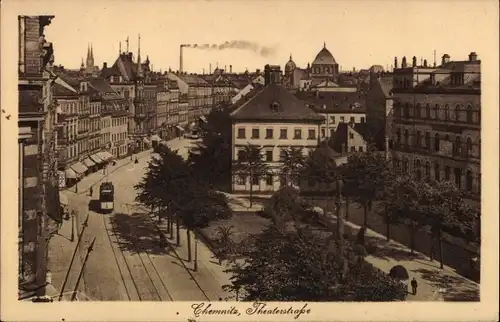 Ak Chemnitz in Sachsen, Theaterstraße, Straßenbahn, Luftbild