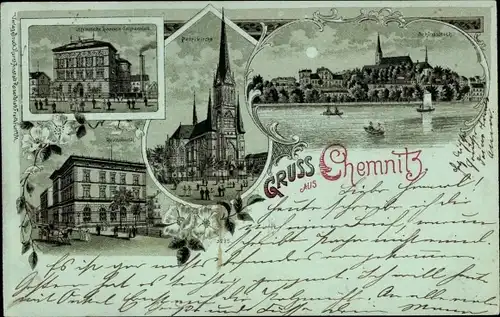 Mondschein Litho Chemnitz in Sachsen, Öffentliche Handels-Lehranstalt, Reichsbank, Petrikirche