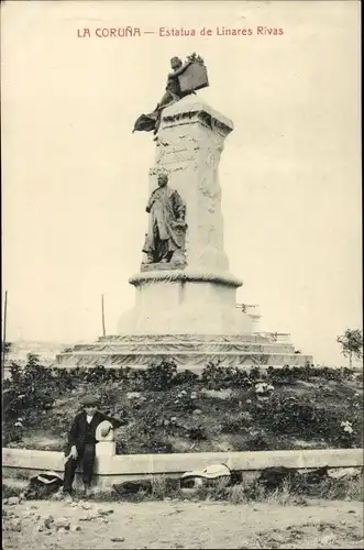 Ak La Coruña Galizisch, Statue von Linares Rivas