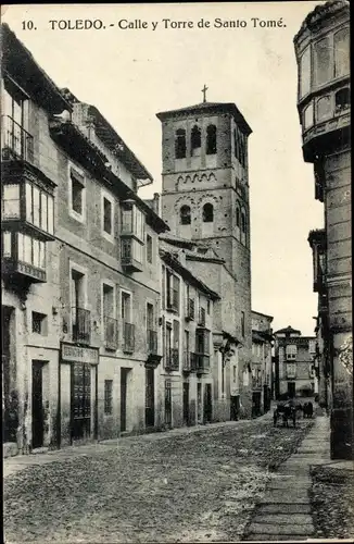 Ak Toledo Kastilien La Mancha Spanien, Straße und Turm von Santo Tome