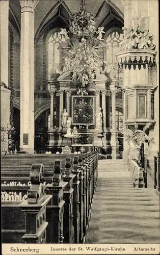 Ak Schneeberg im Erzgebirge, St. Wolfgang Kirche, Altar, Kanzel