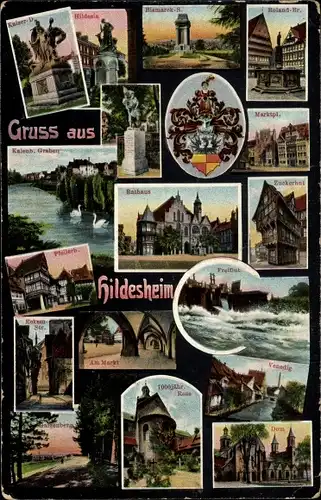 Ak Hildesheim in Niedersachsen, Rathaus, Venedig, Dom, Marktplatz, Roland-Brunnen, Galgenberg