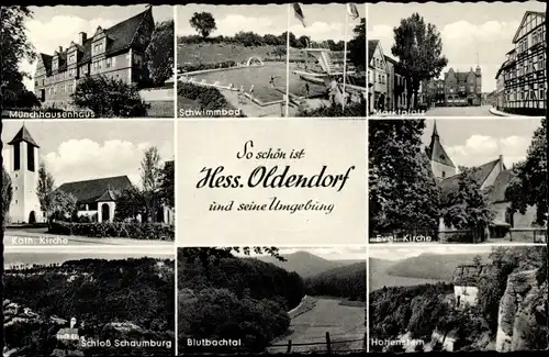 Ak Hessisch Oldendorf an der Weser, Münchhausenhaus, Schwimmbad, Kirche, Schloss Schaumburg