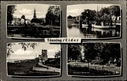 Ak Tönning an der Eider Nordfriesland, Schlossgarten, Strandcafé, Hafen, Esmarch Denkmal