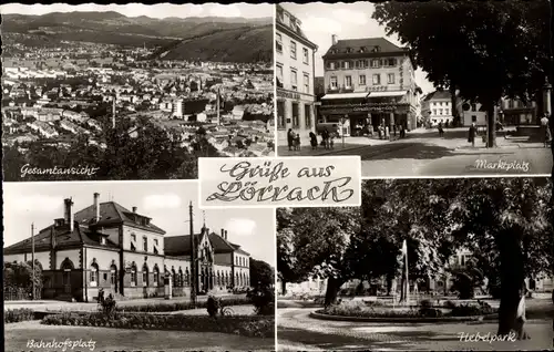 Ak Lörrach in Baden, Marktplatz, Bahnhofsplatz, Hebelpark, Gesamtansicht