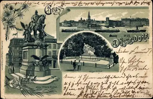 Litho Düsseldorf am Rhein, Krieger-Denkmal, Kaiser Wilhelm Denkmal