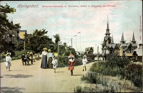 Ak Ostseebad Heringsdorf auf Usedom, Strandpromenade, Kurhaus, Hotel, Eingang zur Brücke