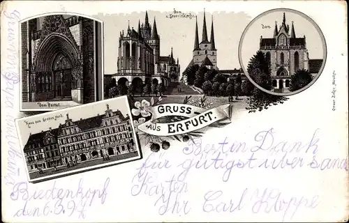 Litho Erfurt in Thüringen, Dom, Severikirche, Haus zum breiten Kerl, Dom-Portal