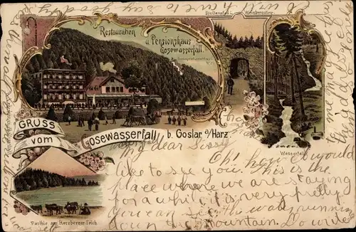 Litho Goslar am Harz, Gosewasserfall, Restaurant, Stollenpfad, Weinbergstieg
