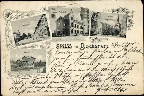Ak Bockenem in Niedersachsen, Bahnhof, Marktplatz, Kaiserliches Postamt, Kirche, Kriegerdenkmal