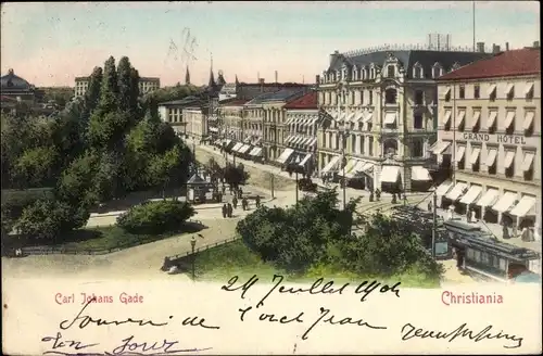 Ak Christiania Oslo Norwegen, Carl Johans Gade, Straßenbahn, Grand Hotel