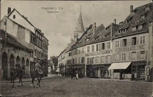 Ak Haguenau Hagenau im Elsass Bas Rhin, Paradeplatz, Kaufhaus von D. Katschinsky, Schuhgeschäft