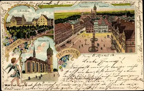 Litho Lutherstadt Wittenberg, Lutherhaus, Schlosskirche, Panorama vom Stadtturm