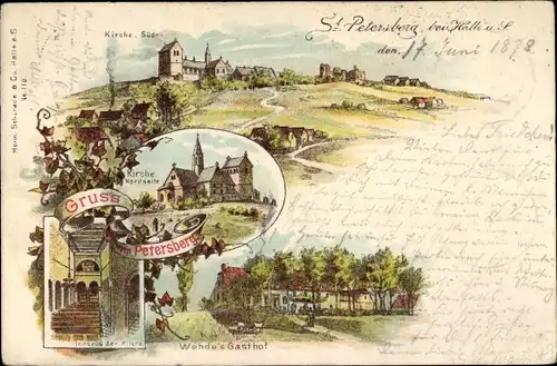 Litho Petersberg Saalekreis, Kirche, Innenansicht, Wehdes Gasthof