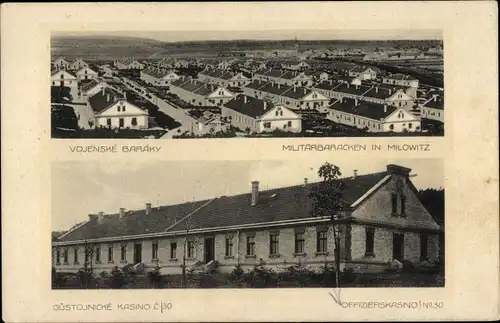 Ak Milovice nad Labem Milowitz Mittelböhmen, Militärbaracken, Offizierskasino