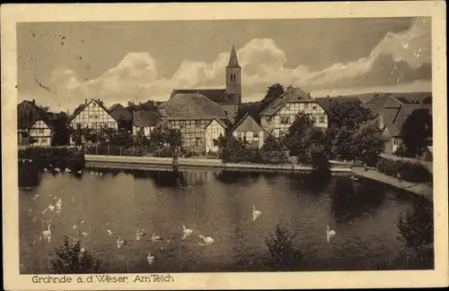 Ak Grohnde Emmerthal an der Weser, Am Teich, Kirche