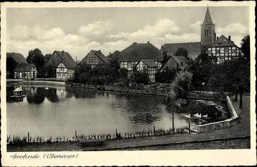 Ak Grohnde Emmerthal Niedersachsen, Teichpartie, Fachwerkhäuser, Kirche