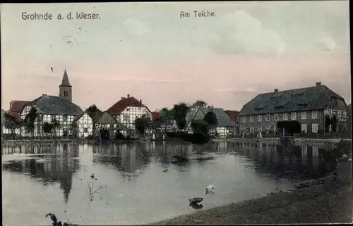 Ak Grohnde Emmerthal Niedersachsen, Am Teiche, Kirche, Gebäude