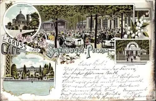 Litho Potsdam in Brandenburg, Schloss Sanssouci, Mausoleum Kaiser Friedrich, Cafe Sanssouci