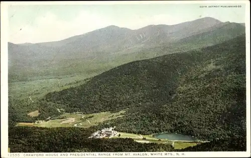 Ak White Mountains New Hampshire USA, Crawford House und Presidential Range vom Mount Avalon