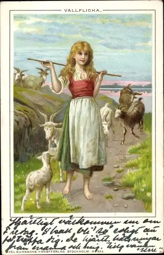 Litho Bauernmädchen, Ziegen, Jungtier, Bauernhof